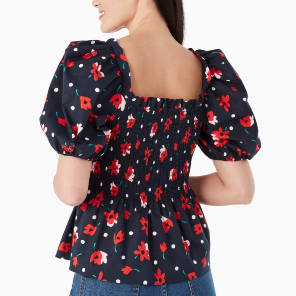 Kate Spade Whimsy Floral Puff Sleeve Top - Navy and Red NWOT - Picture 6 of 7